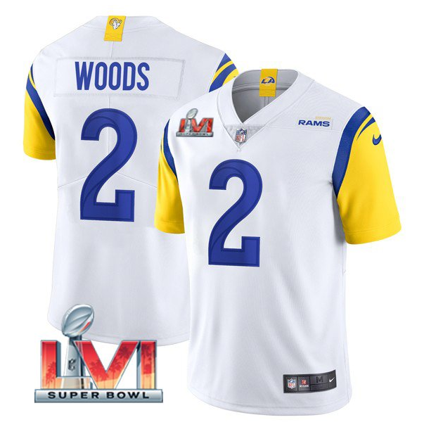 Men's Los Angeles Rams #2 Robert Woods 2022 White Super Bowl LVI Vapor Limited Stitched Jersey Men's Los Angeles Rams #2 Robert Woods 2022 White Super Bowl LVI Vapor Limited Stitched Jersey